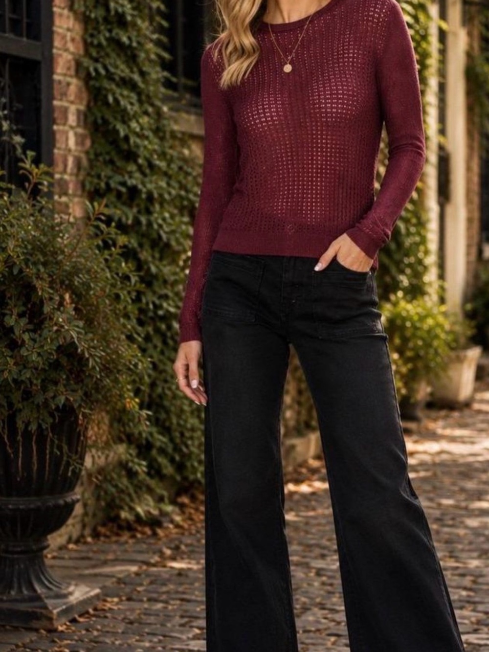 Free People Open Weave Long Sleeve Top Raw Garnet Size XS